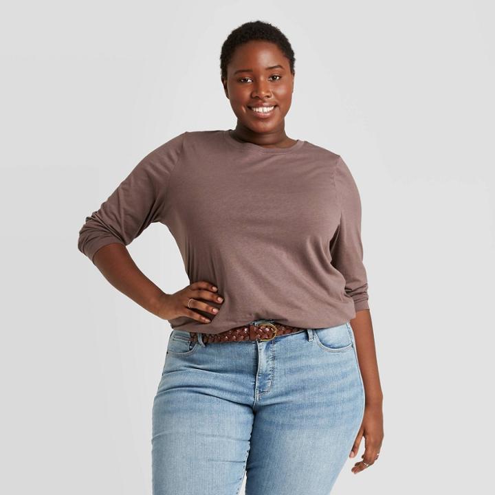 Women's Plus Size Long Sleeve Shirt - Ava & Viv Walnut