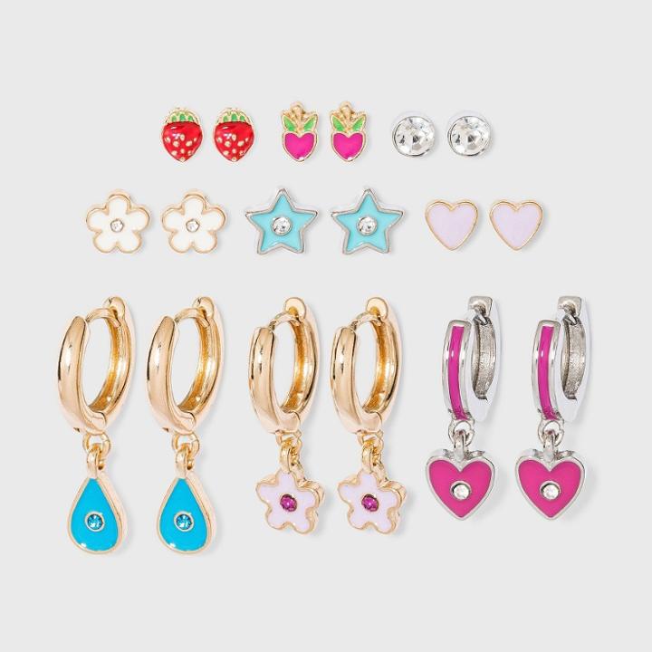 Strawberry And Star Enamel Studs Multi Earring Set 9pc - Wild Fable , Grey/nickel
