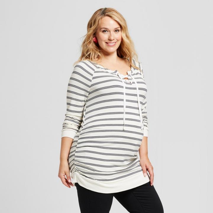 Maternity Plus Size Long Sleeve Striped Lace-up Sweatshirt - Isabel Maternity By Ingrid & Isabel Shell/xavier Navy (white/xavier Navy)