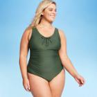 Women's Plus Size Grommet Scallop Classic One Piece Swimsuit - Kona Sol Dark Green