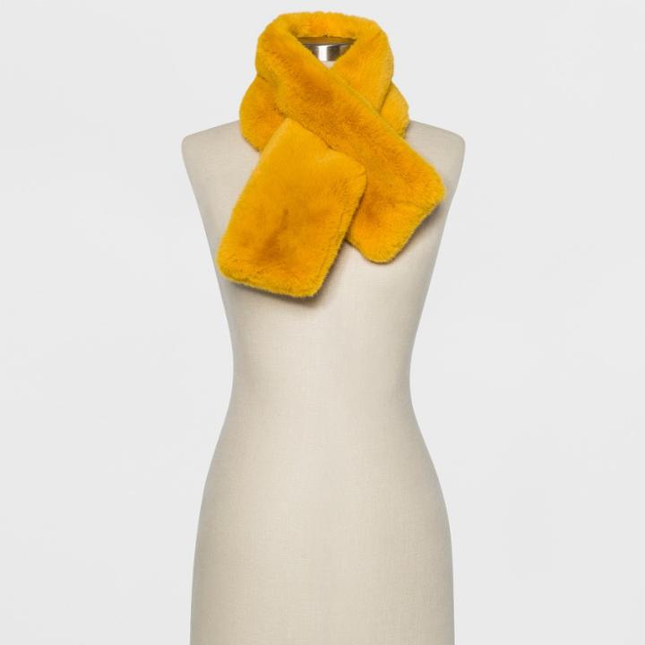 Women's Mini Faux Fur Pull Through Scarf - A New Day Yellow, Beeswax