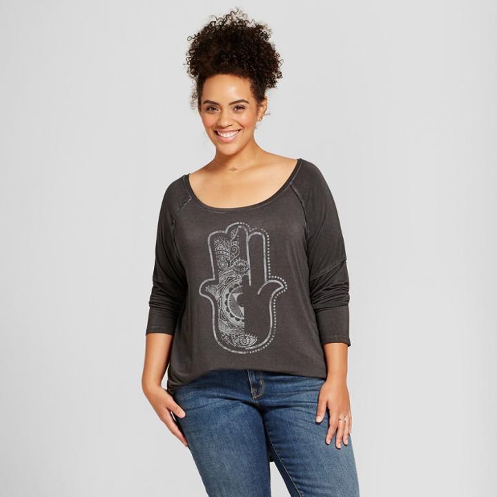Women's Plus Size Hamsa Hand Long Sleeve Drapey Graphic T-shirt - Zoe+liv ((juniors')) Charcoal