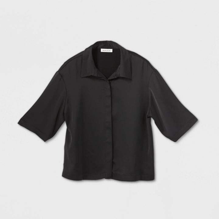 Women's Long Sleeve Silky Button-up Blouse - Prologue Black
