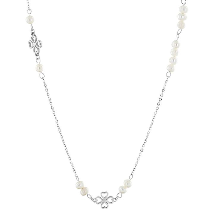 Elya Stainless Steel Clover Heart Charm And Pearl Station Necklace (4-5mm),