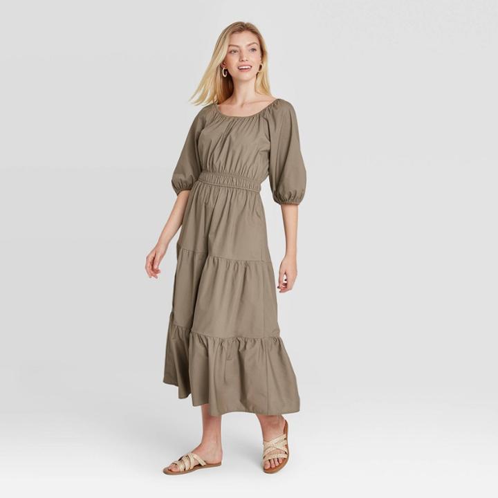Women's Puff Elbow Sleeve Tiered Dress - A New Day Brown