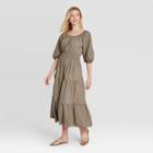 Women's Puff Elbow Sleeve Tiered Dress - A New Day Brown