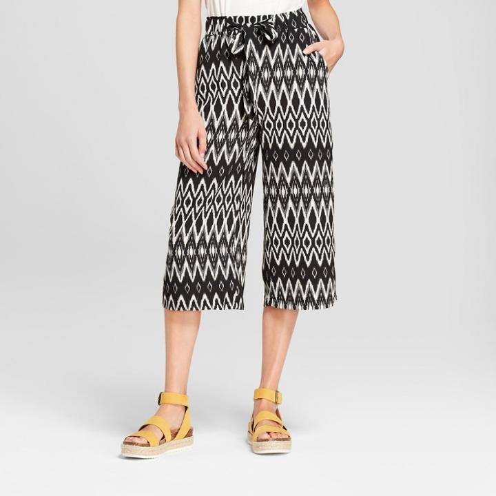 Women's Wide Leg Printed Paper Bag Tie Waist Crop Pants - Alison Andrews Black