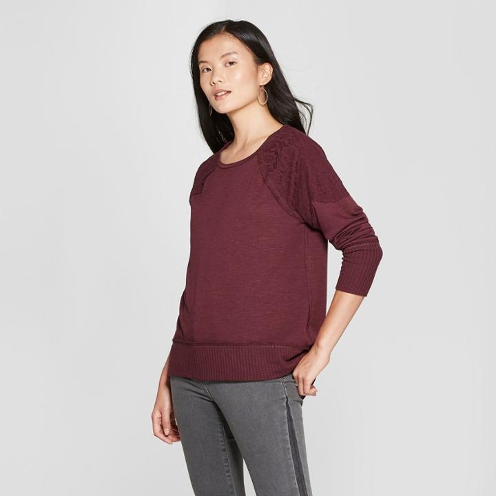 Women's Long Sleeve Lace Trim Sweatshirt - Knox Rose Burgundy