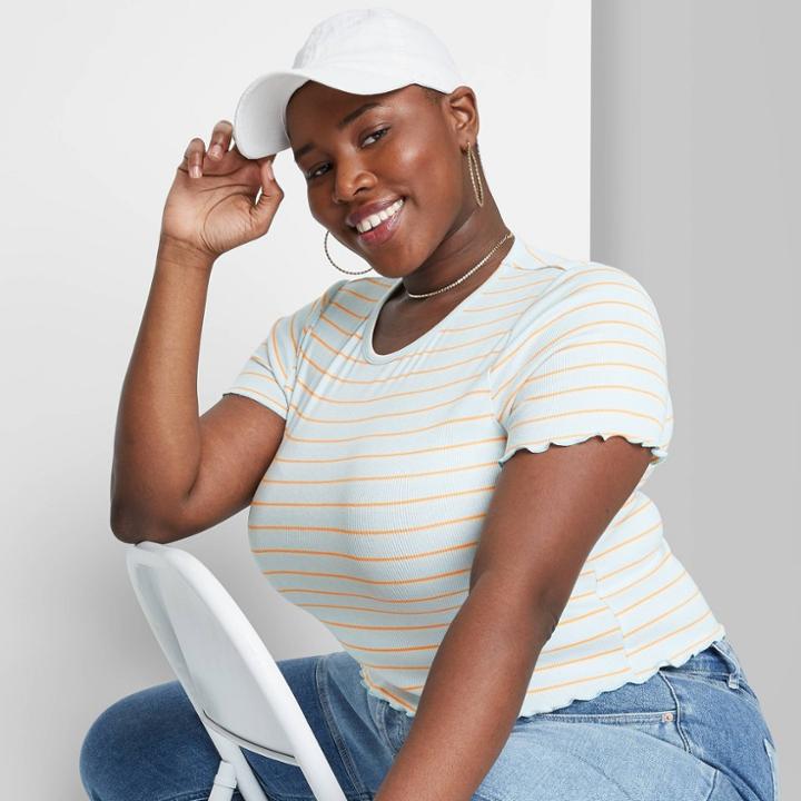 Women's Plus Size Short Sleeve Lettuce Edge Baby T-shirt - Wild Fable Blue