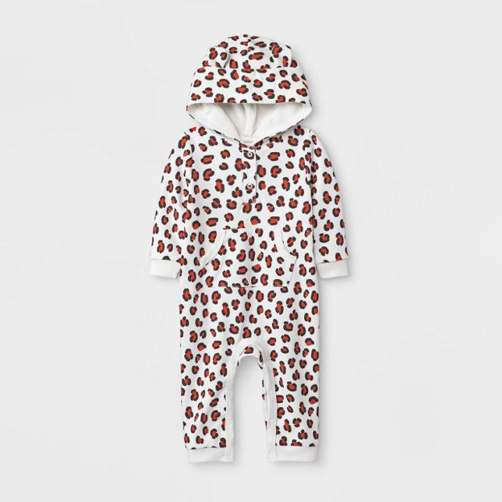 Baby Girls' Animal Print Hooded French Terry Romper - Cat & Jack Cream Newborn, Girl's, White