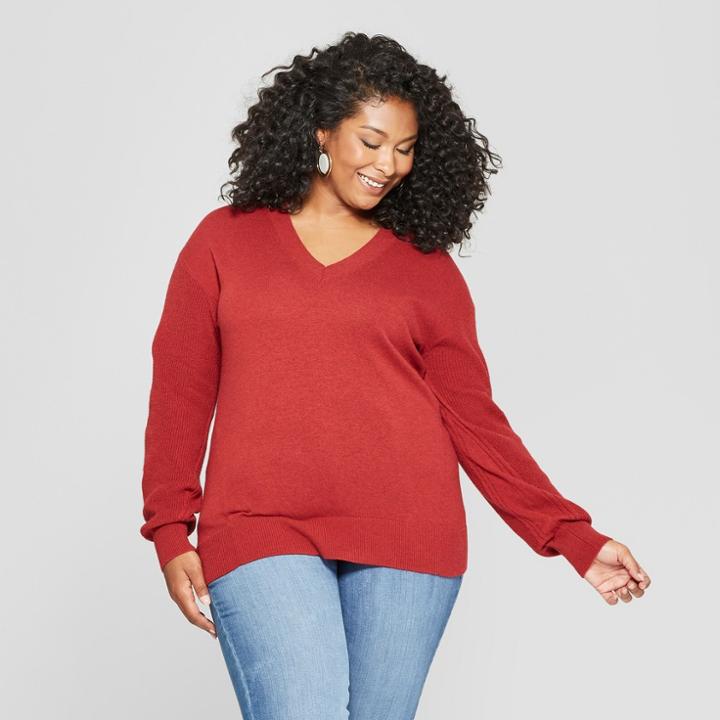 Women's Plus Size Textured Pullover - Ava & Viv Red X