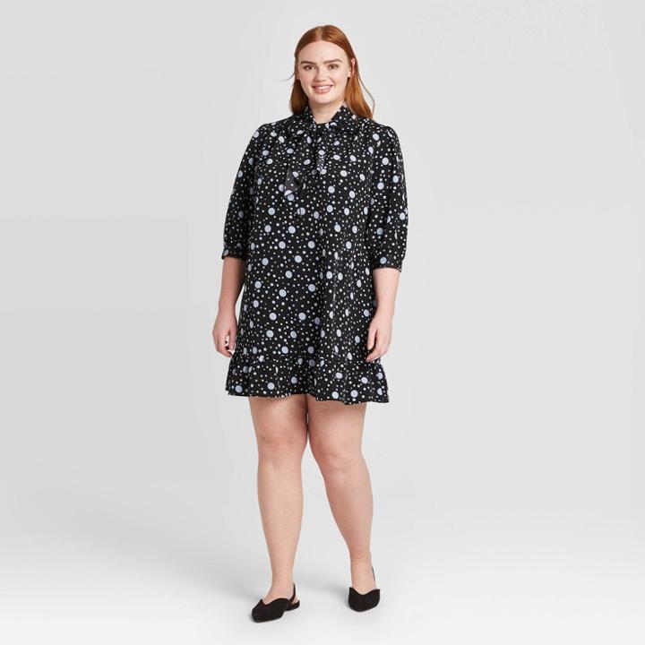 Women's Plus Size Polka Dot 3/4 Sleeve V-neck Tie Shift Mini Dress - Who What Wear Black 1x, Women's,