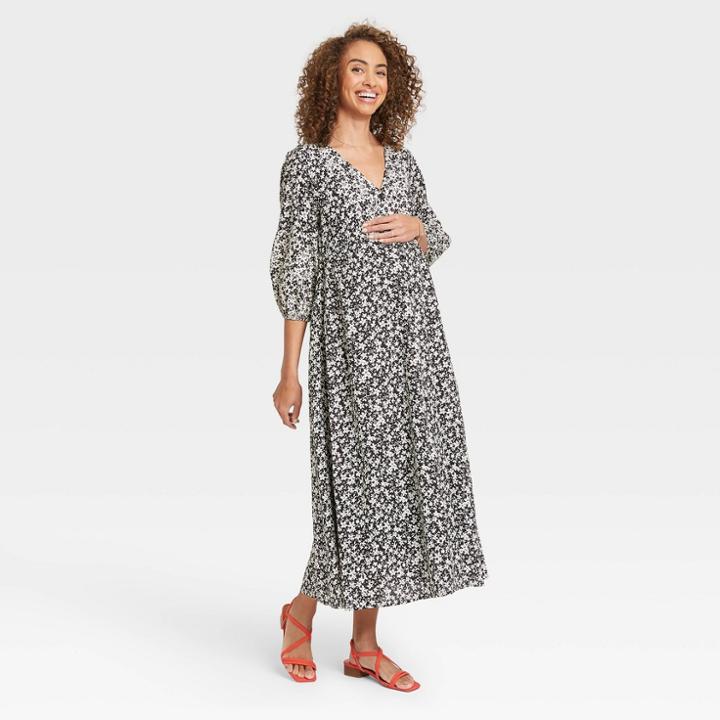 The Nines By Hatch Floral Print 3/4 Sleeve Button-front Poplin Maternity Dress Black