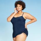 Women's Plus Size Side-tie Swim Dress - Aqua Green Navy