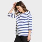 The Nines By Hatch Maternity Striped 3/4 Sleeve Boat Neck Drop Shoulder Top Blue