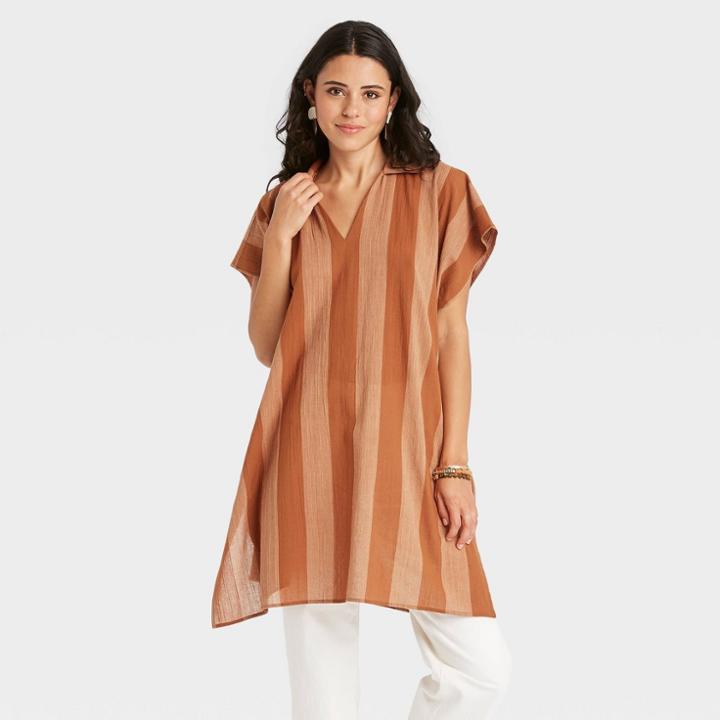 Women's Woven Striped Tunic Jacket - Universal Thread Rust
