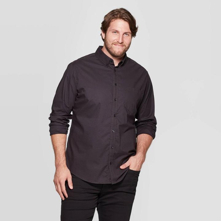 Men's Big & Tall Standard Fit Long Sleeve Northrop Poplin Button-down Shirt - Goodfellow & Co Hematite