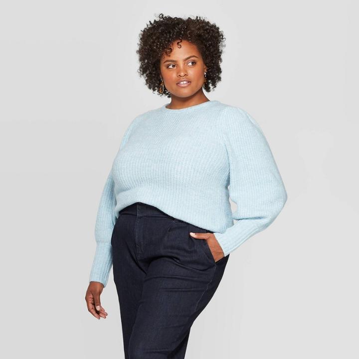 Women's Plus Size Bishop Long Sleeve Crewneck Sweater - A New Day Light Blue 4x, Women's,