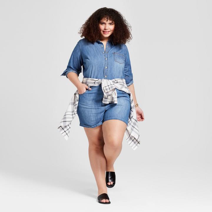 Women's Plus Size Long Sleeve Denim Romper - Universal Thread Medium Wash