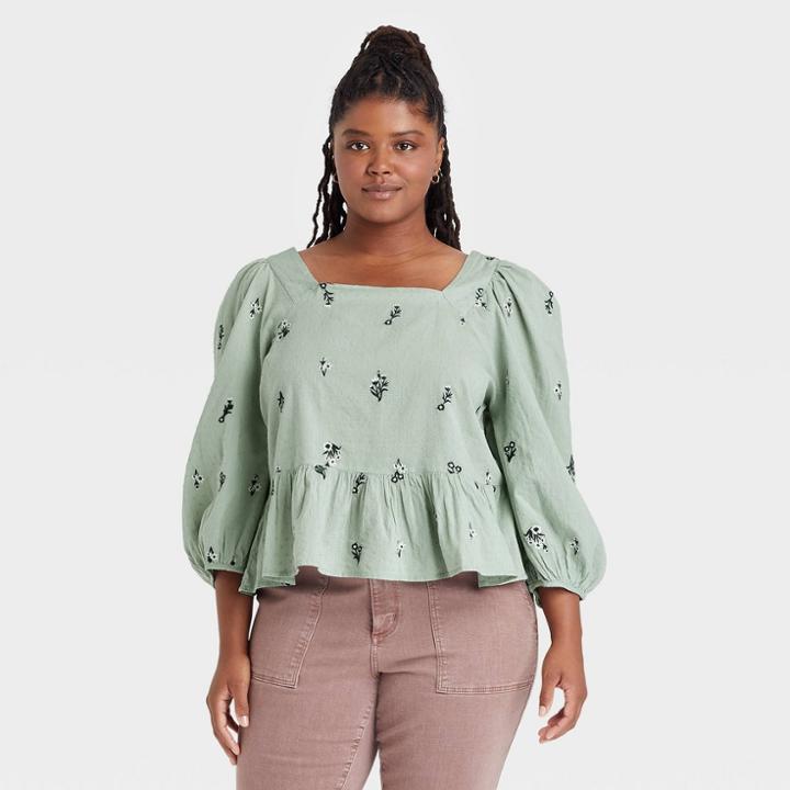 Women's Plus Size Balloon 3/4 Sleeve Embroidered Peplum Blouse - Universal Thread Light Green Floral