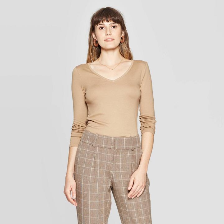Women's Regular Fit Long Sleeve V-neck T-shirt - A New Day Gold