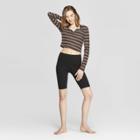 Women's Multi Striped Long Sleeve Rib Cropped Lounge T-shirt - Colsie Black