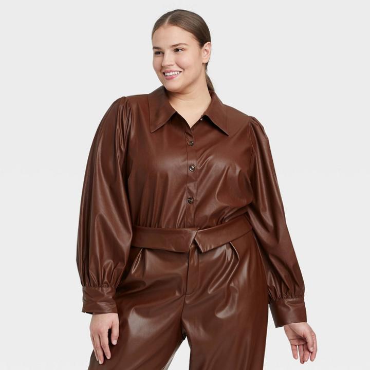 Women's Plus Size Bishop Long Sleeve Button-down Shirt - Who What Wear Brown