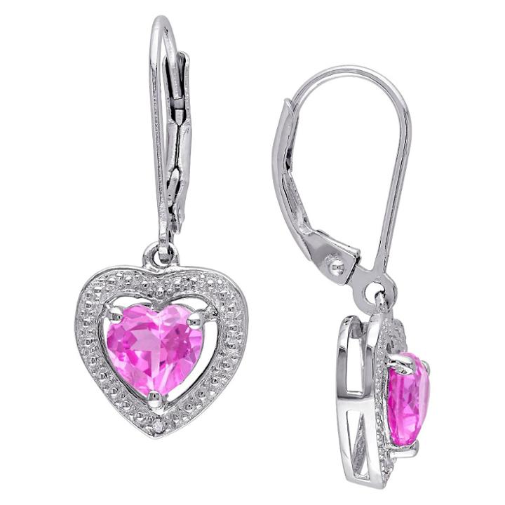 No Brand 2 Ct. T.w. Heart Shaped Pink Sapphire And .01 Ct. T.w. Diamond Leverback Earrings In Sterling Silver (i3), Pink/blue/silver
