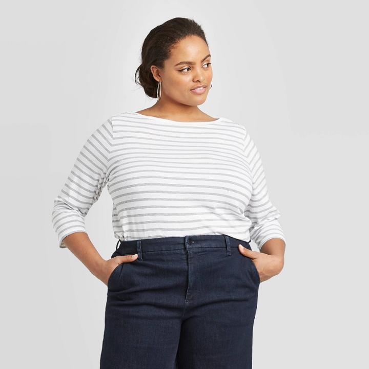 Women's Plus Size Striped 3/4 Sleeve Boat Neck T-shirt - A New Day White/black 1x, Women's,