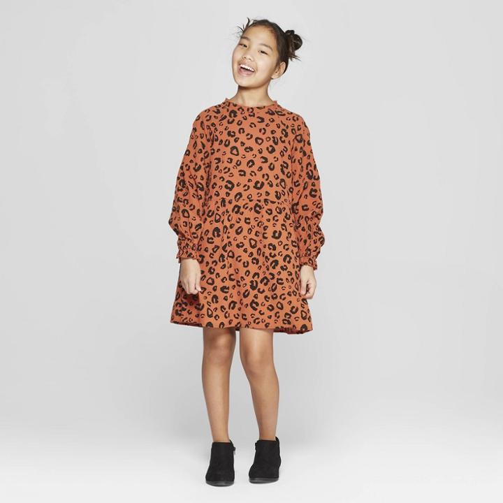 Girls' Long Sleeve Tiered Dress - Art Class Brown