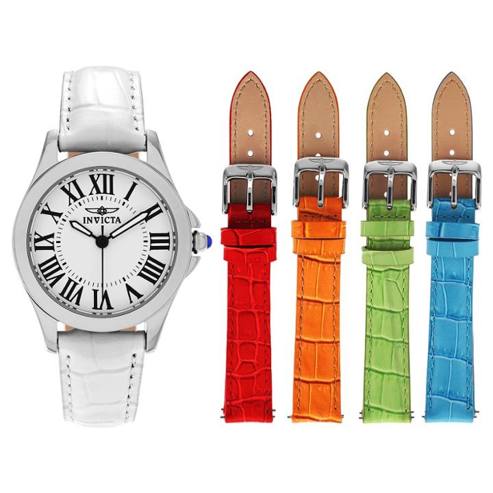 Women's Invicta Angel 15935 Quartz 3 Hand White Dial Leather Strap Watch - White