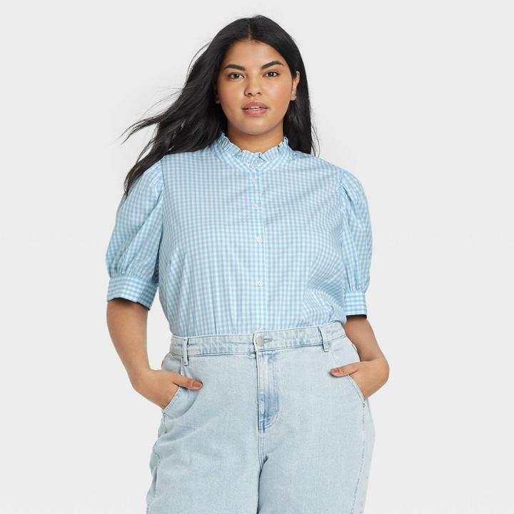 Women's Plus Size Floral Print Puff Elbow Sleeve Ruffle Detail Top - Who What Wear Blue