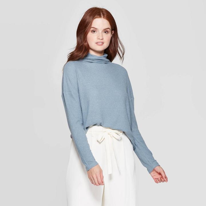 Women's Long Sleeve Turtleneck Rib Drapey Top - A New Day Teal