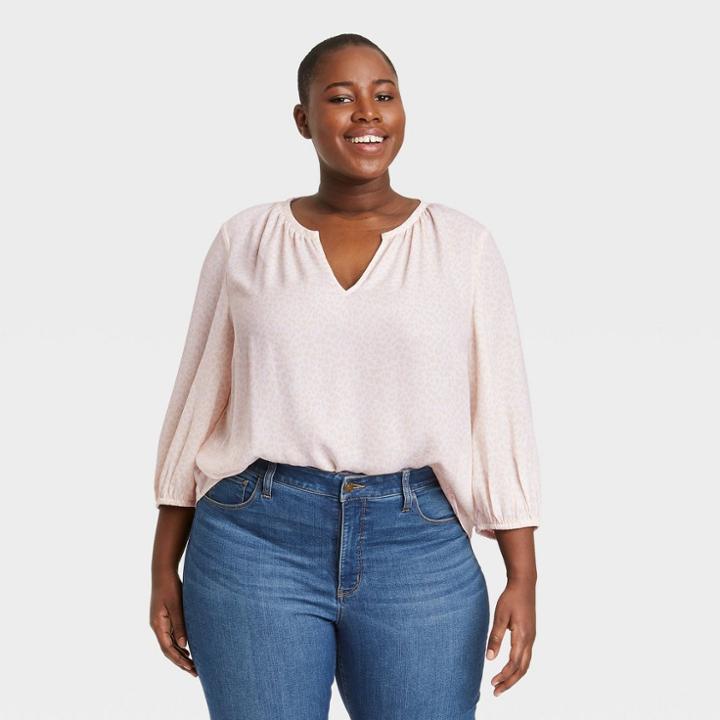 Women's Plus Size Animal Print 3/4 Sleeve Popover Blouse - Ava & Viv White X