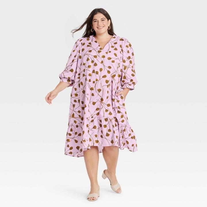 Women's Plus Size Floral Print Long Sleeve Ruffle Hem Dress - A New Day Purple