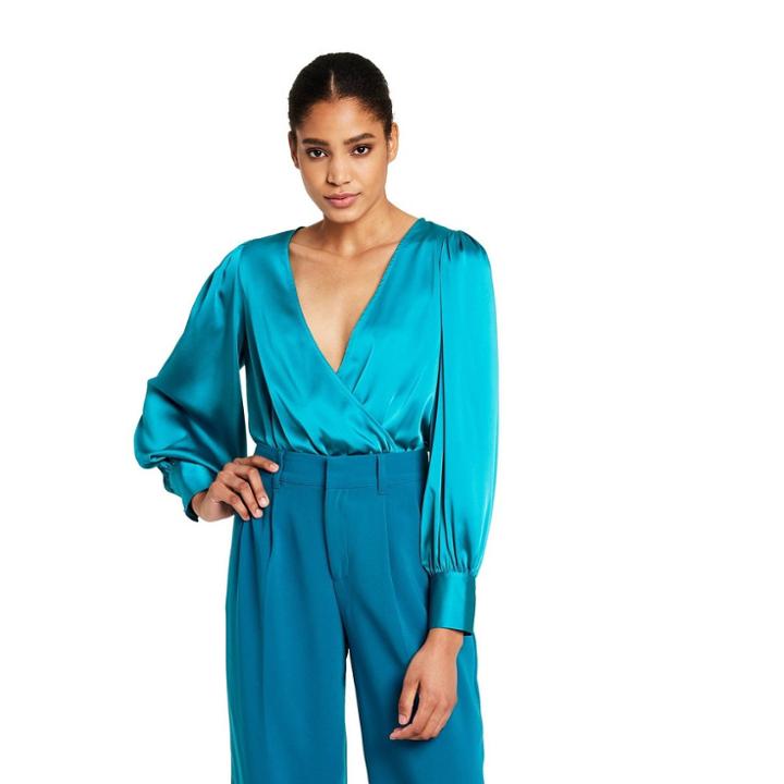 Women's Crossover Satin Bodysuit - Sergio Hudson X Target Teal Xxs, Blue