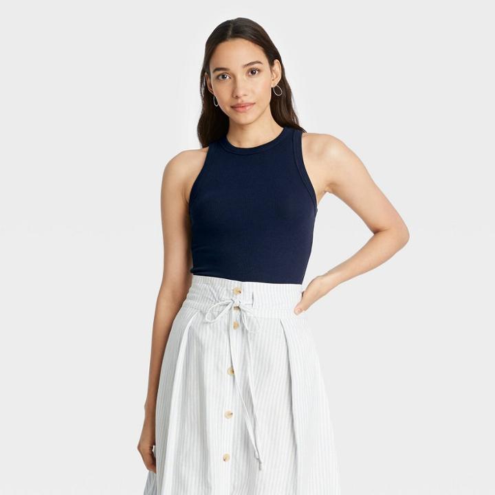 Women's Slim Fit Rib Tank Top - A New Day Navy