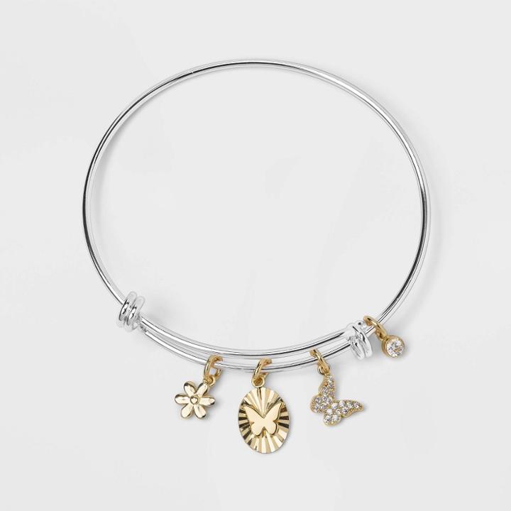 No Brand 14k Gold Dipped Cubic Zirconia Flower And Butterfly Bezel Bangle Bracelet -