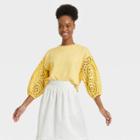 Women's Long Sleeve Round Neck Eyelet Top - A New Day Yellow