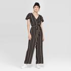 Petitewomen's Striped Short Sleeve Deep V-neck Wrap Jumpsuit - Xhilaration Black