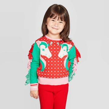 Toddler Girls' Well Worn Unicorn Ugly Sweater - Red