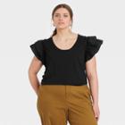 Women's Plus Size Ruffle Short Sleeve Scoop Neck Mixed Media T-shirt - A New Day Black