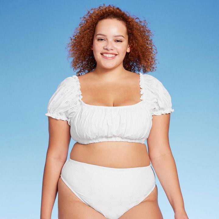 Women's Puff Sleeve Eyelette Bralette Bikini Top - Wild Fable White X