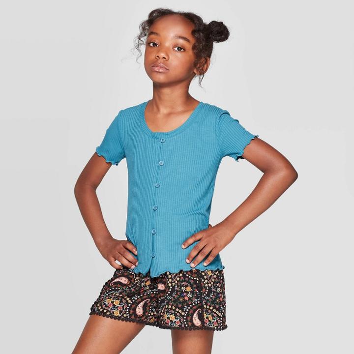 Girls' Button Front Lettuce Edge Top - Art Class Blue