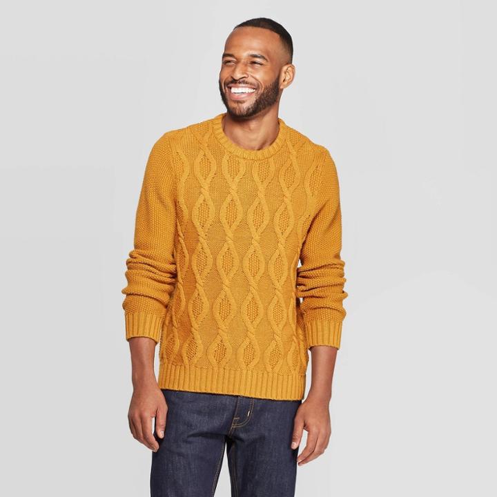 Men's Standard Fit Cable Crew Neck Sweater - Goodfellow & Co Brown Decaf