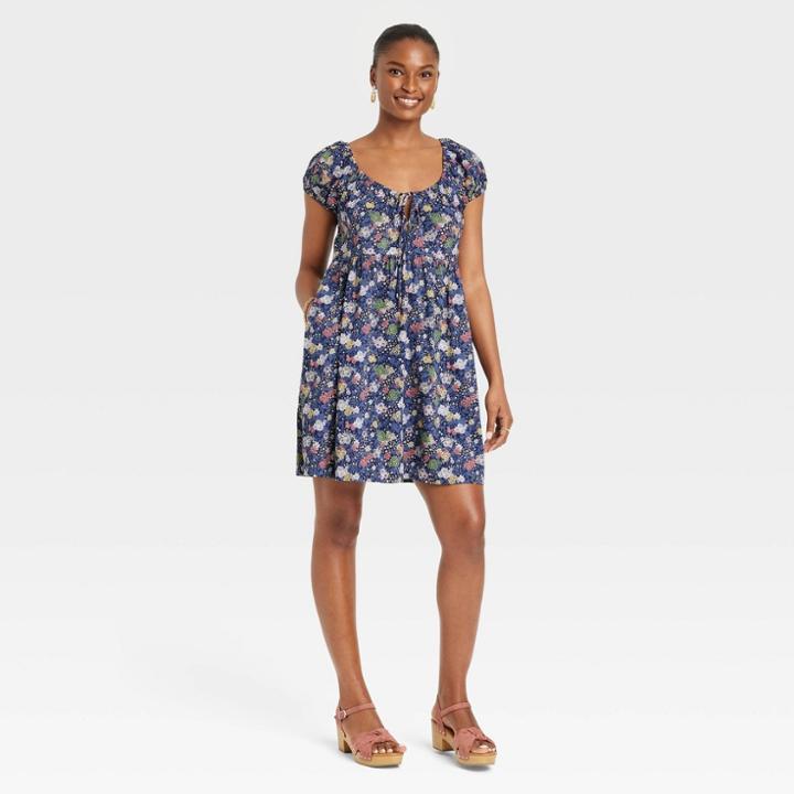 Women's Puff Short Sleeve Day Dress - Universal Thread Navy Blue Floral