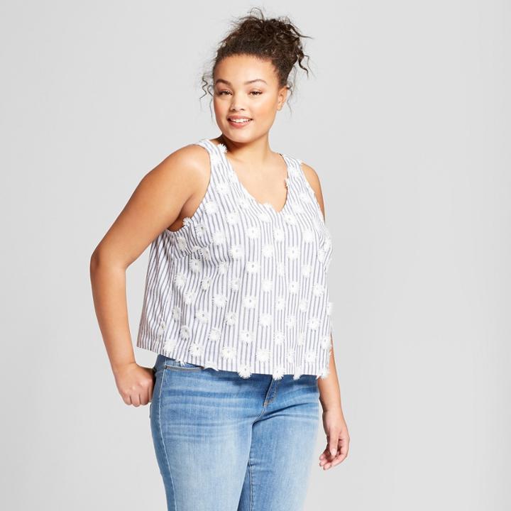 Women's Plus Size 3d Striped Floral Print Shell Tank - A New Day Blue/white