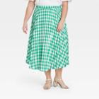 Women's Plus Size Gingham Check Midi Pleated A-line Skirt - A New Day Green