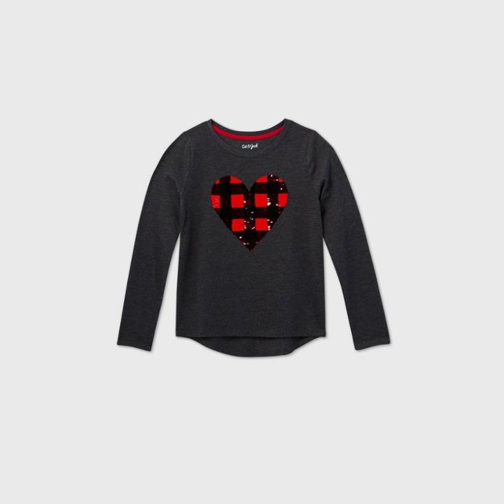 Girls' Long Sleeve Flip Sequin Buffalo Check Heart T-shirt - Cat & Jack Charcoal Gray