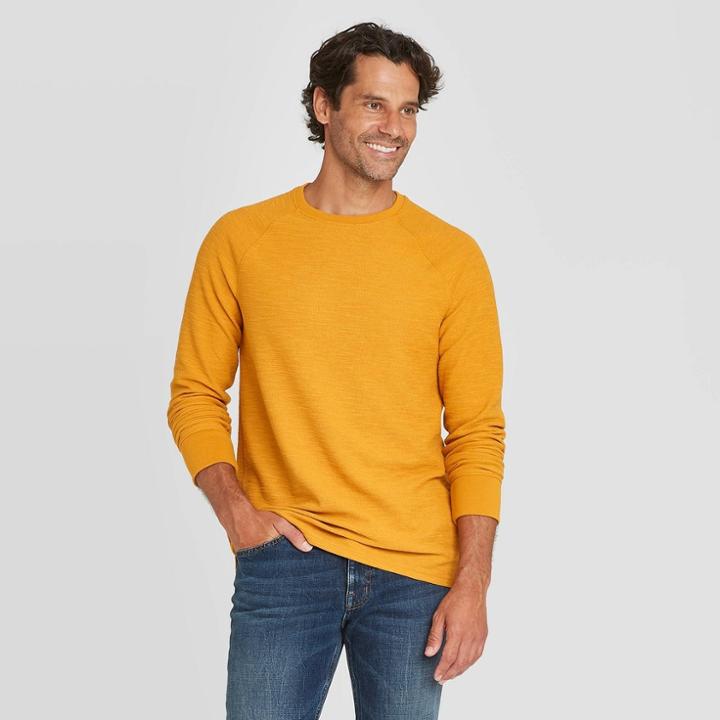 Men's Standard Fit Long Sleeve Textured Crew Neck T-shirt - Goodfellow & Co Gold